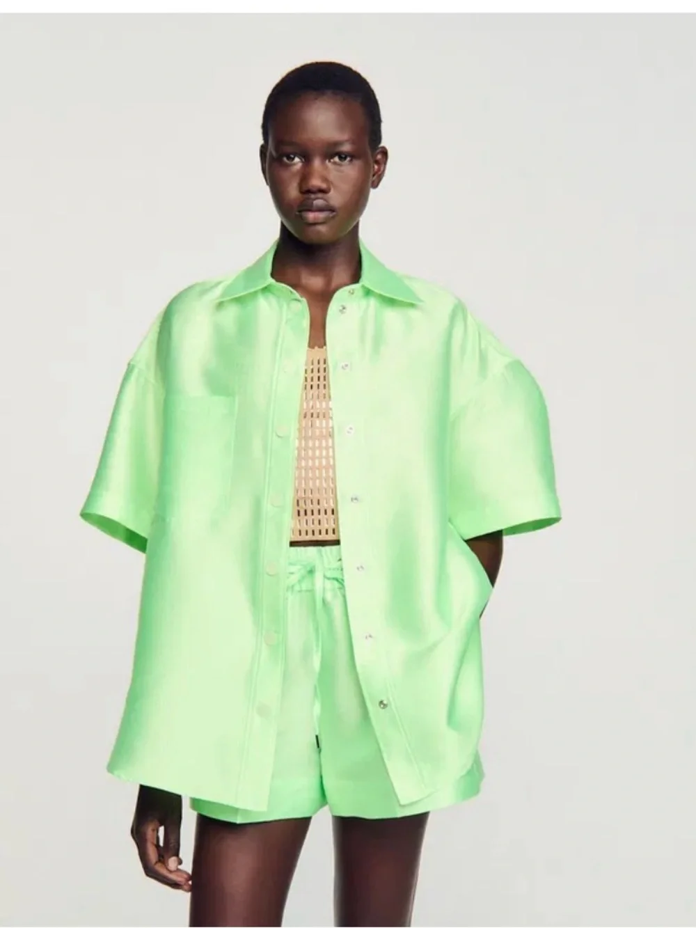 Sandro Neon Green Elastic Waist Shorts Set